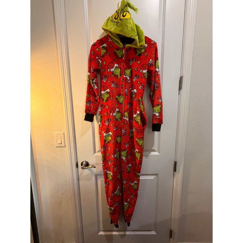 Dr Seuss The Grinch Christmas Hooded Union Suit Pajamas Red XS 0-2